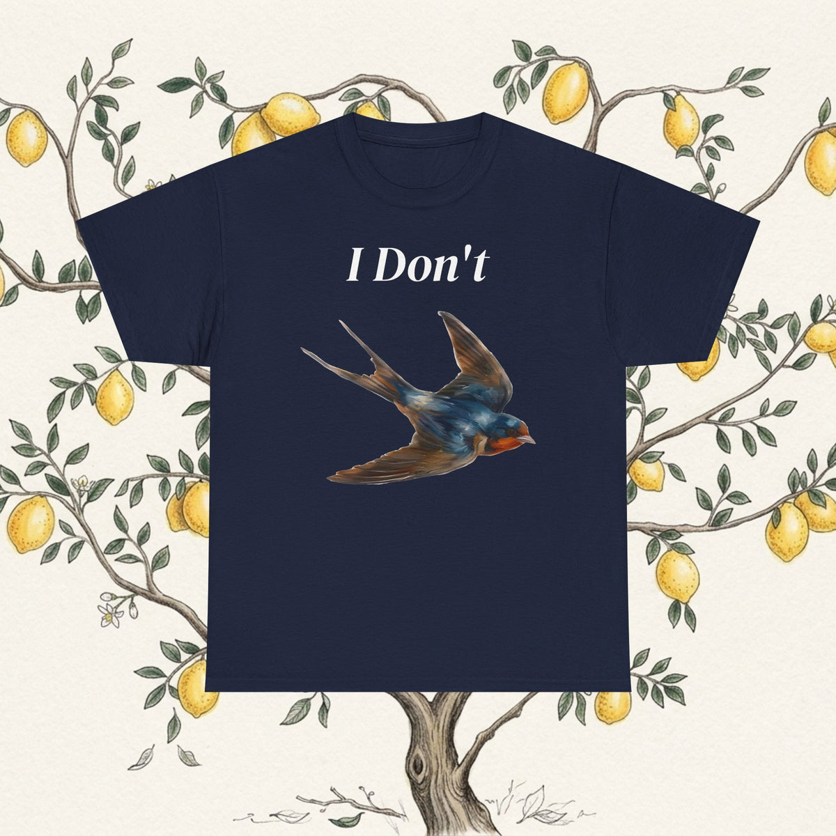Navy T-shirt with 'I Don't' text and swallow bird illustration.