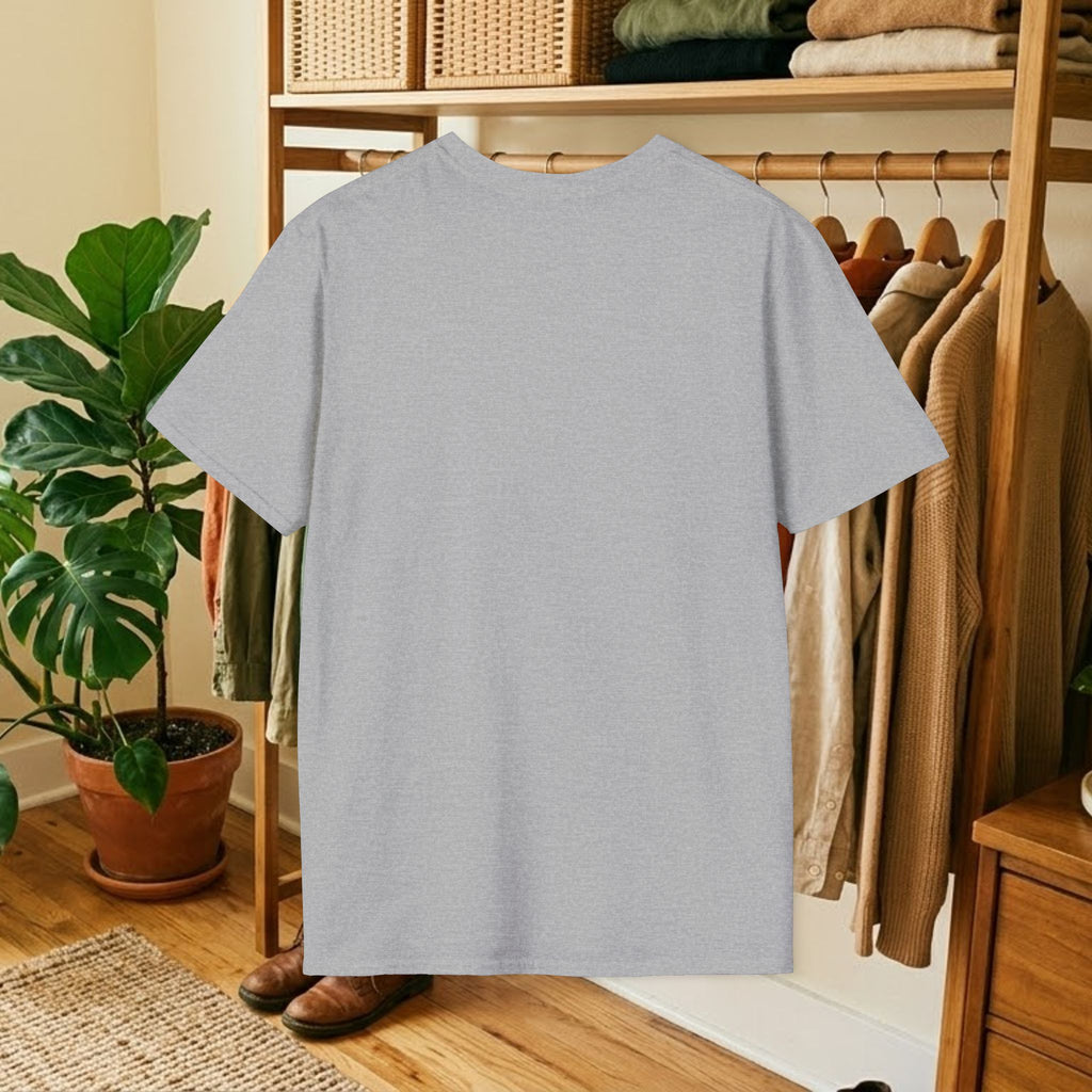Light gray crewneck t-shirt on hanger, plain back view