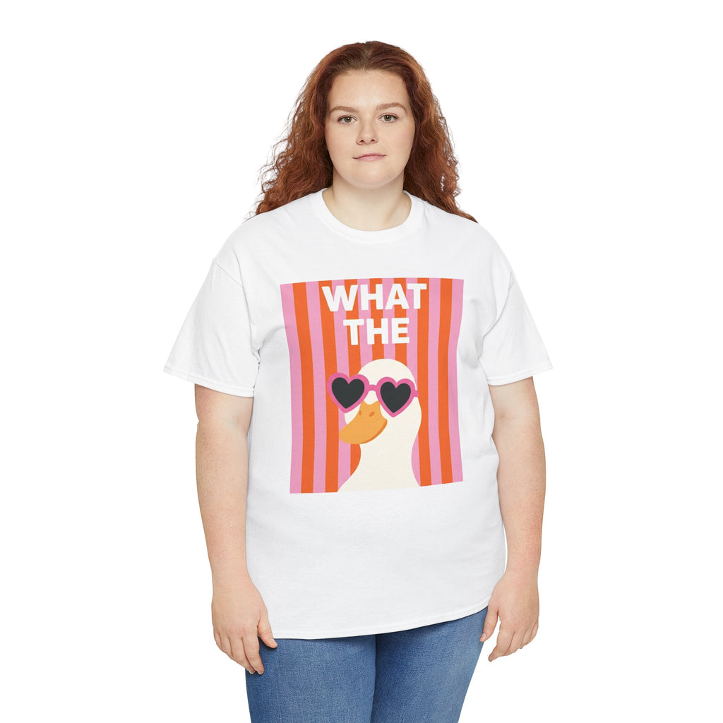 White graphic cotton tee with retro heart sunglasses and "WHAT THE" text