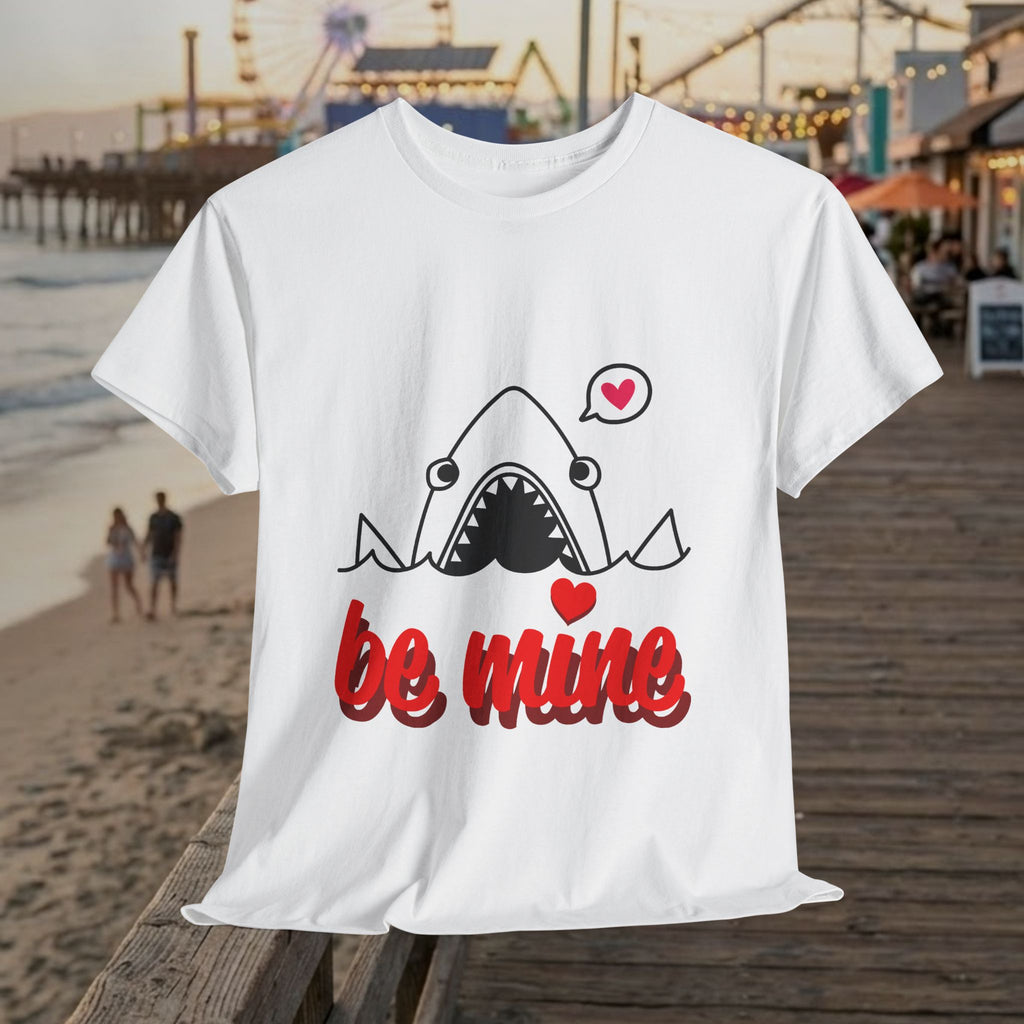 White T-shirt with shark graphic, red "be mine" script, and heart details