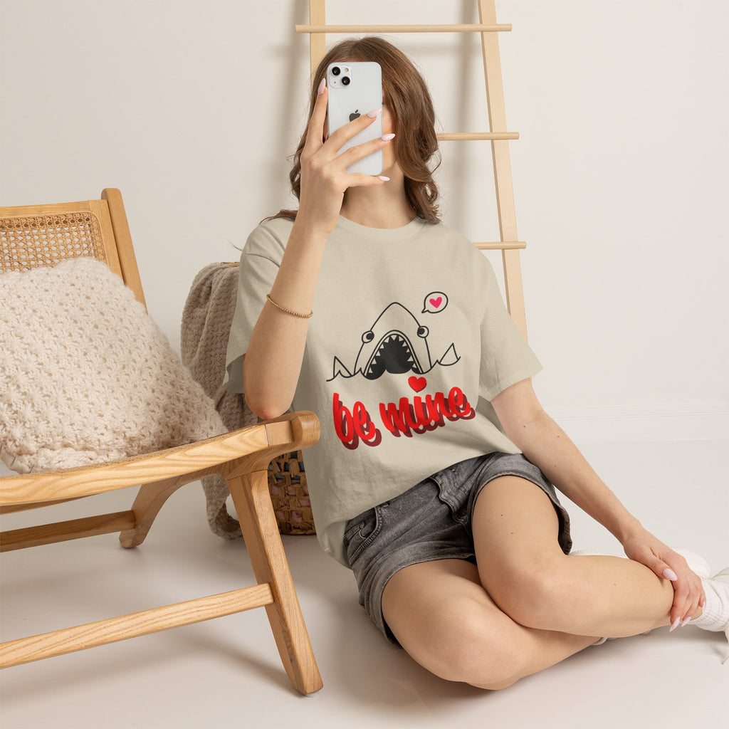 Natural/beige crewneck graphic T-shirt with shark face and red “be mine” print