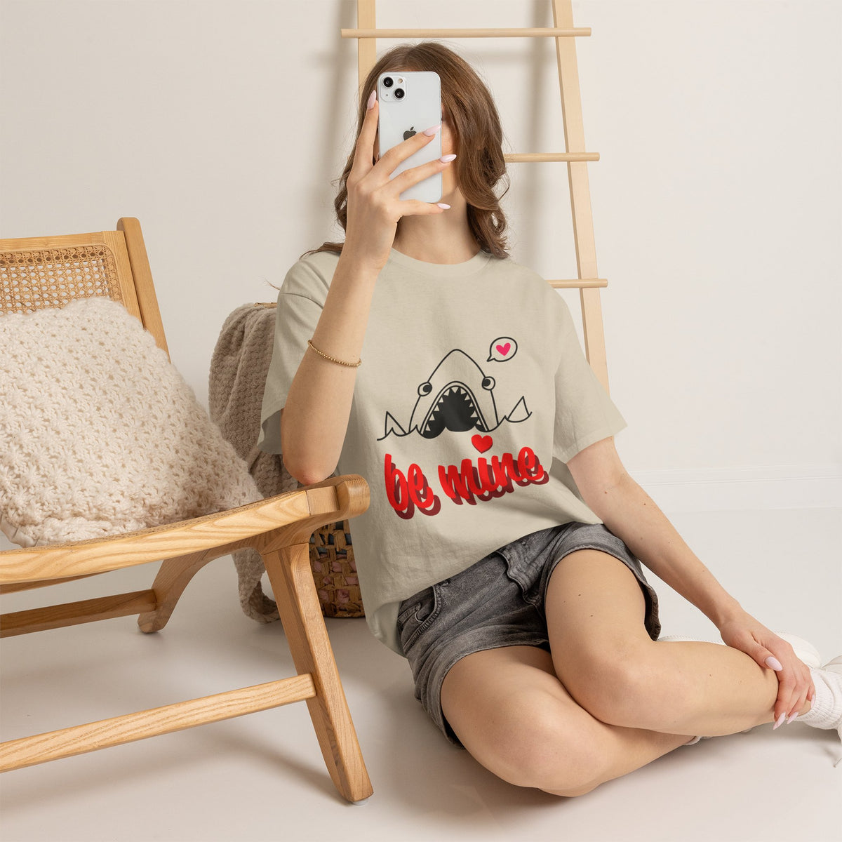 Natural/beige crewneck graphic T-shirt with shark face and red “be mine” print