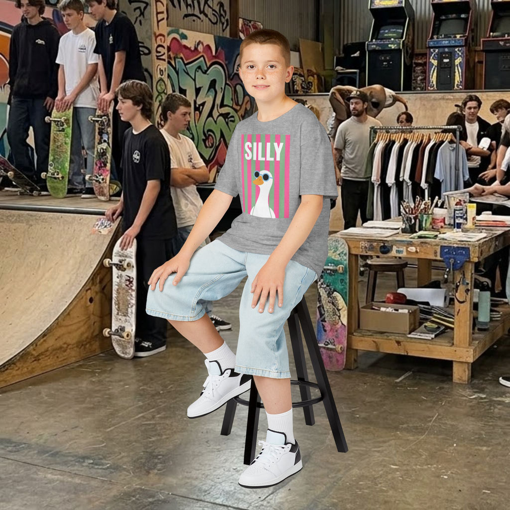 Kids heather gray t-shirt featuring a “SILLY” duck graphic; short sleeves