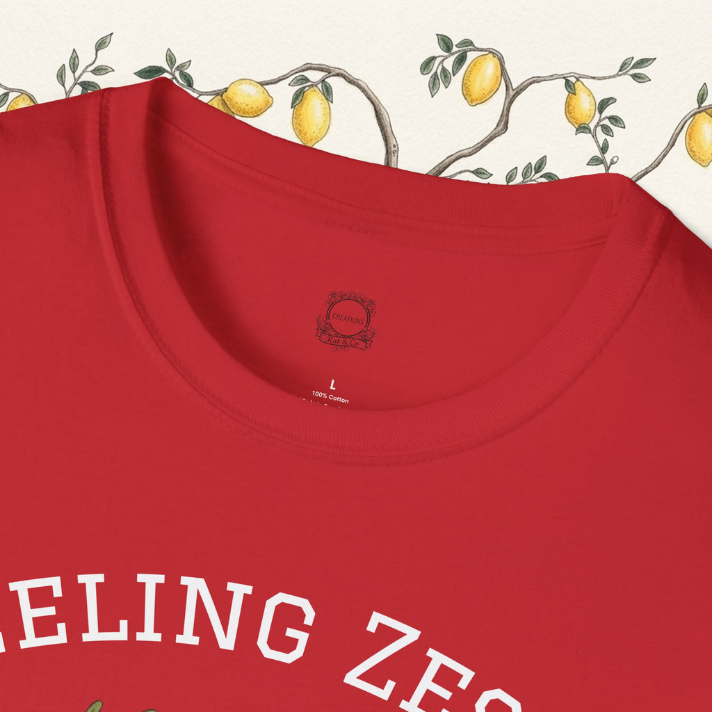 Red crewneck t-shirt neckline close-up with small chest logo