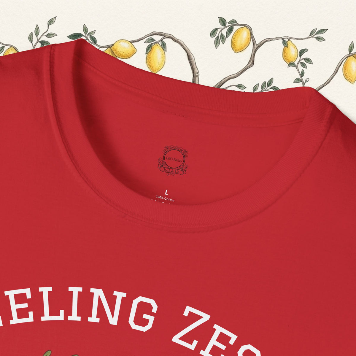 Red crewneck t-shirt neckline close-up with small chest logo