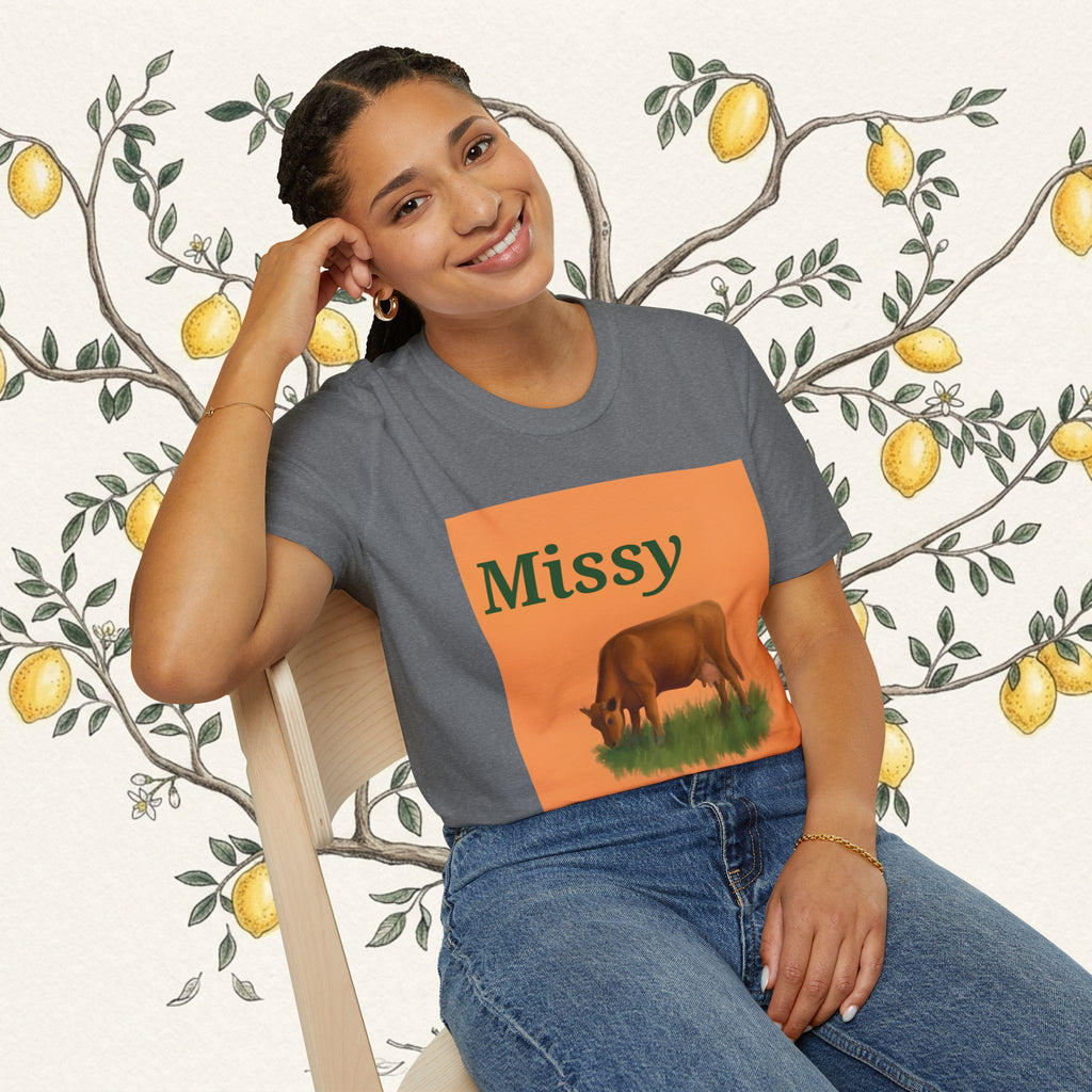 Dark gray crew-neck t-shirt with orange panel featuring Missy and grazing cow