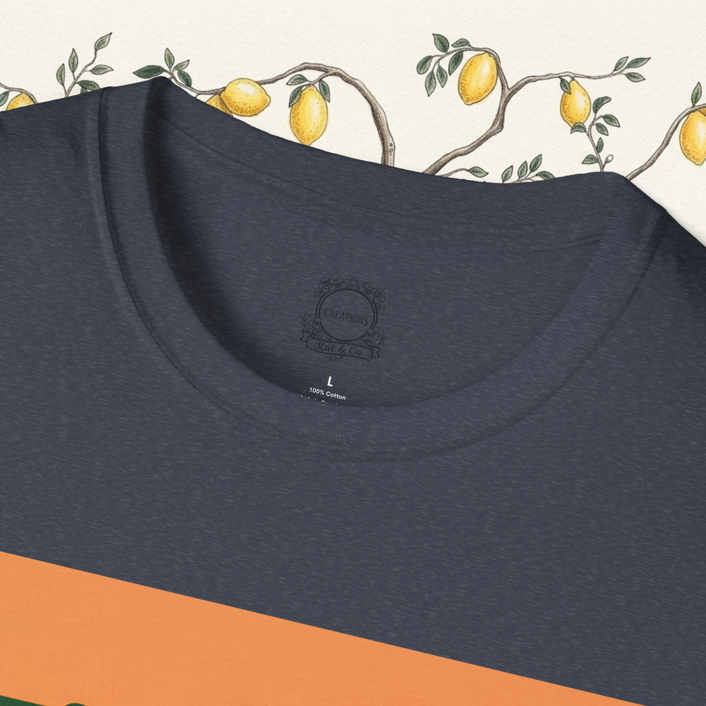 Navy t-shirt close-up of crew neck with small logo patch