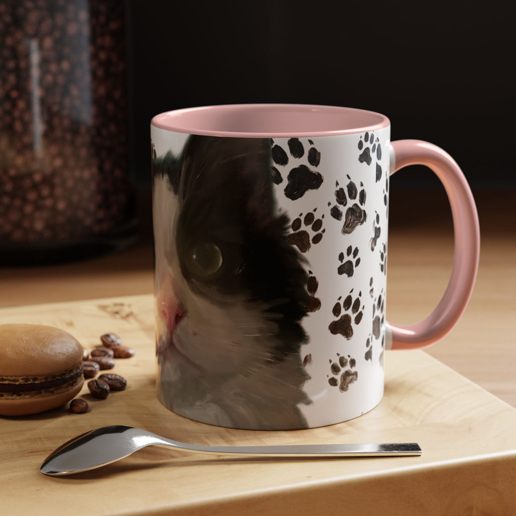 Cat face paw print accent coffee mug, white with black cat art, pink handle and rim
