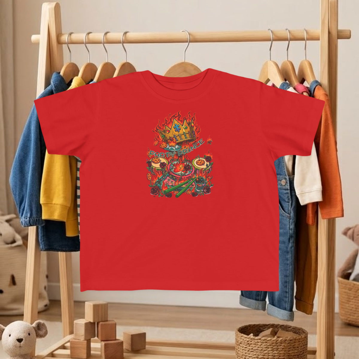 Red toddler graphic dinosaur tee with fiery crown print on the front