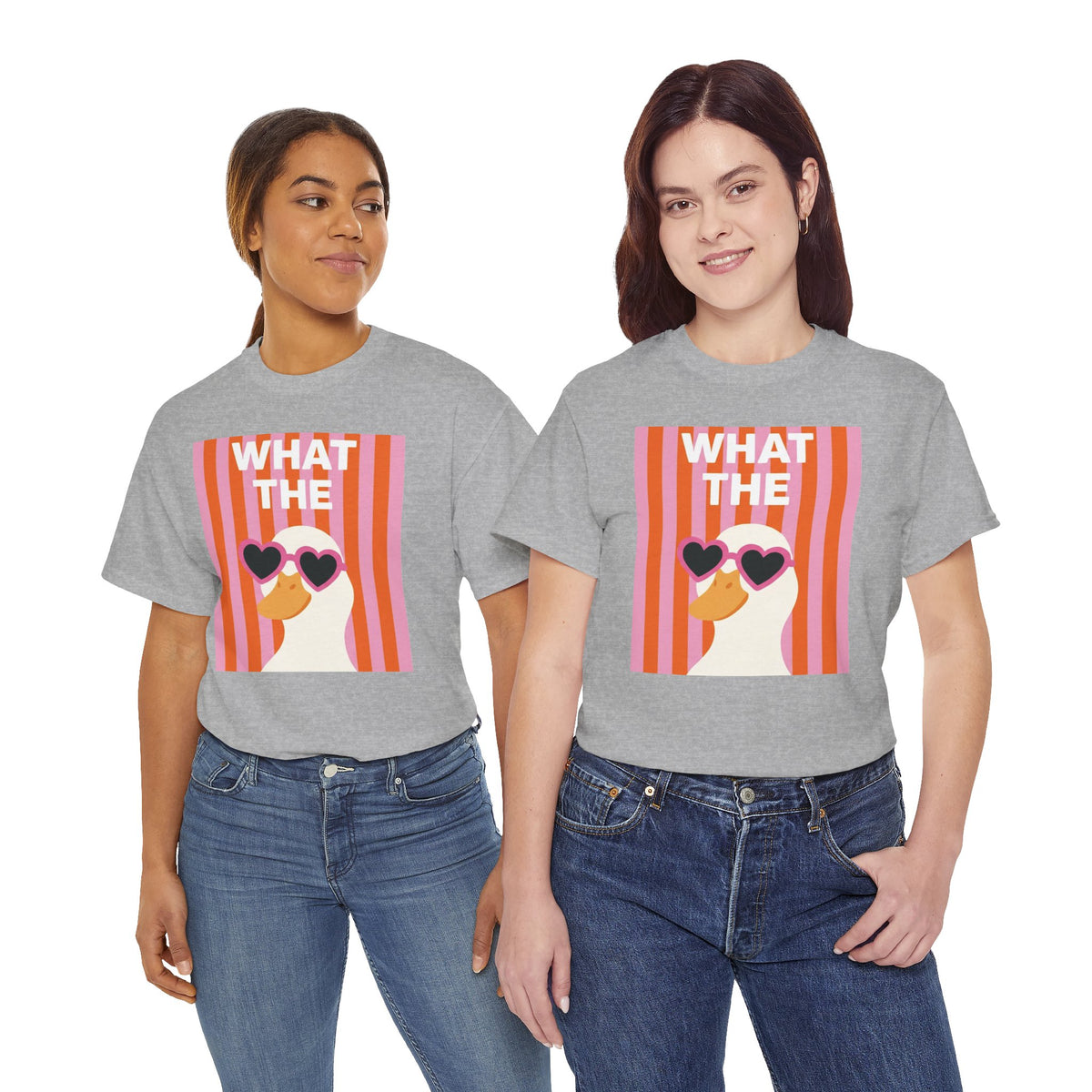 Heather gray cotton graphic tee with “WHAT THE” striped portrait and heart sunglasses.