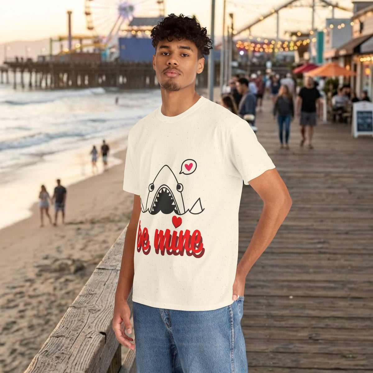 White T-shirt with shark face graphic and red 'be mine' text