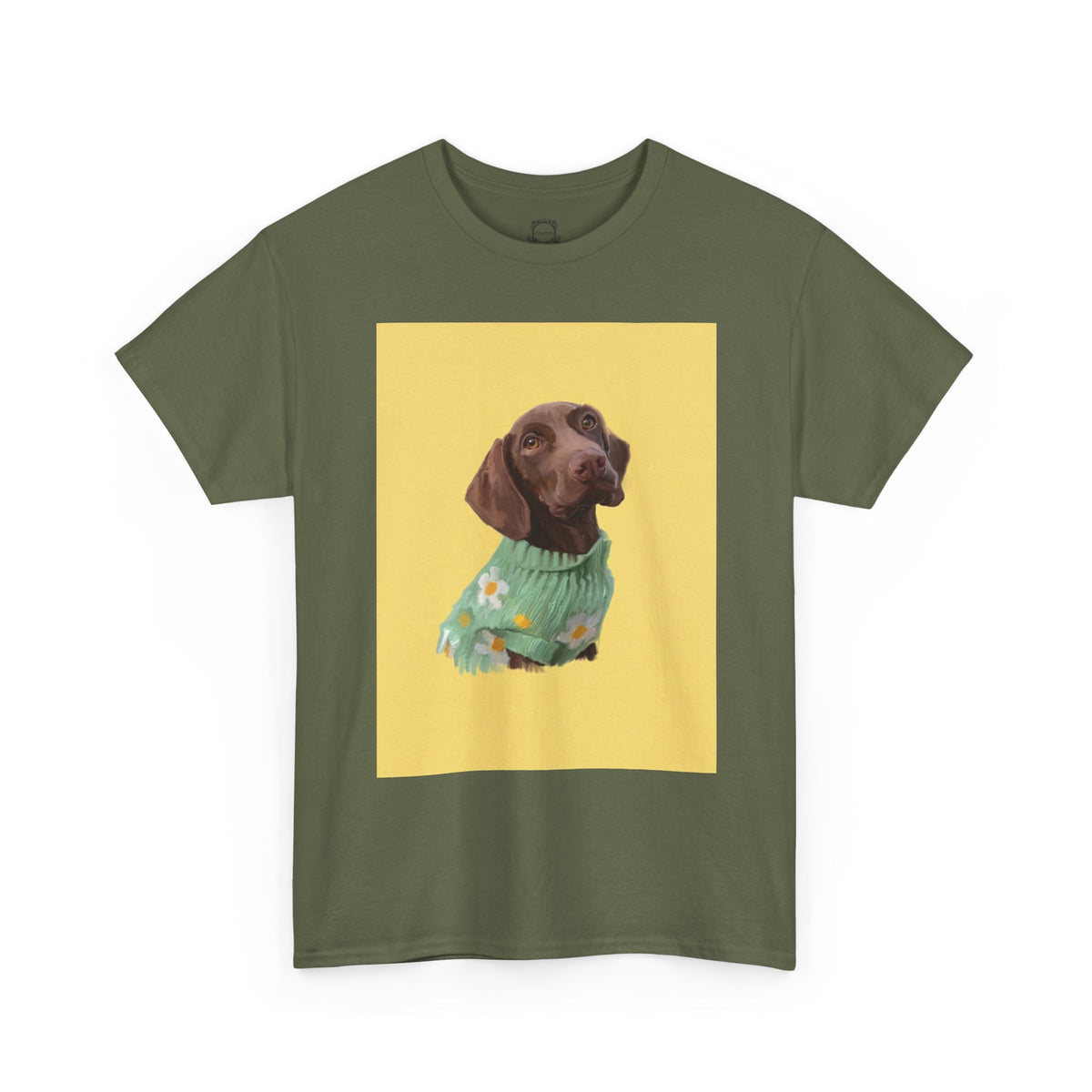 Military green pet t-shirt with dog portrait graphic in a yellow square