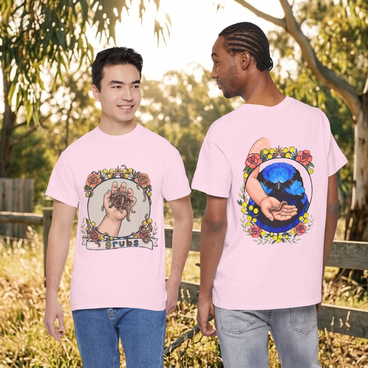 Light pink T-shirt with circular tarot hands illustration on front and moon cat on back