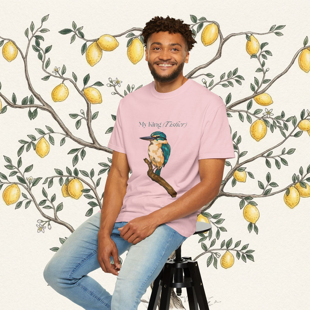 Light pink crewneck T-shirt with kingfisher bird graphic and text, front view