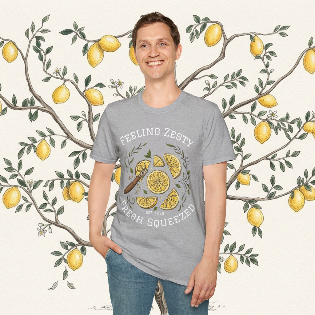 Light gray crewneck graphic tee with lemon slice tree graphic, front view