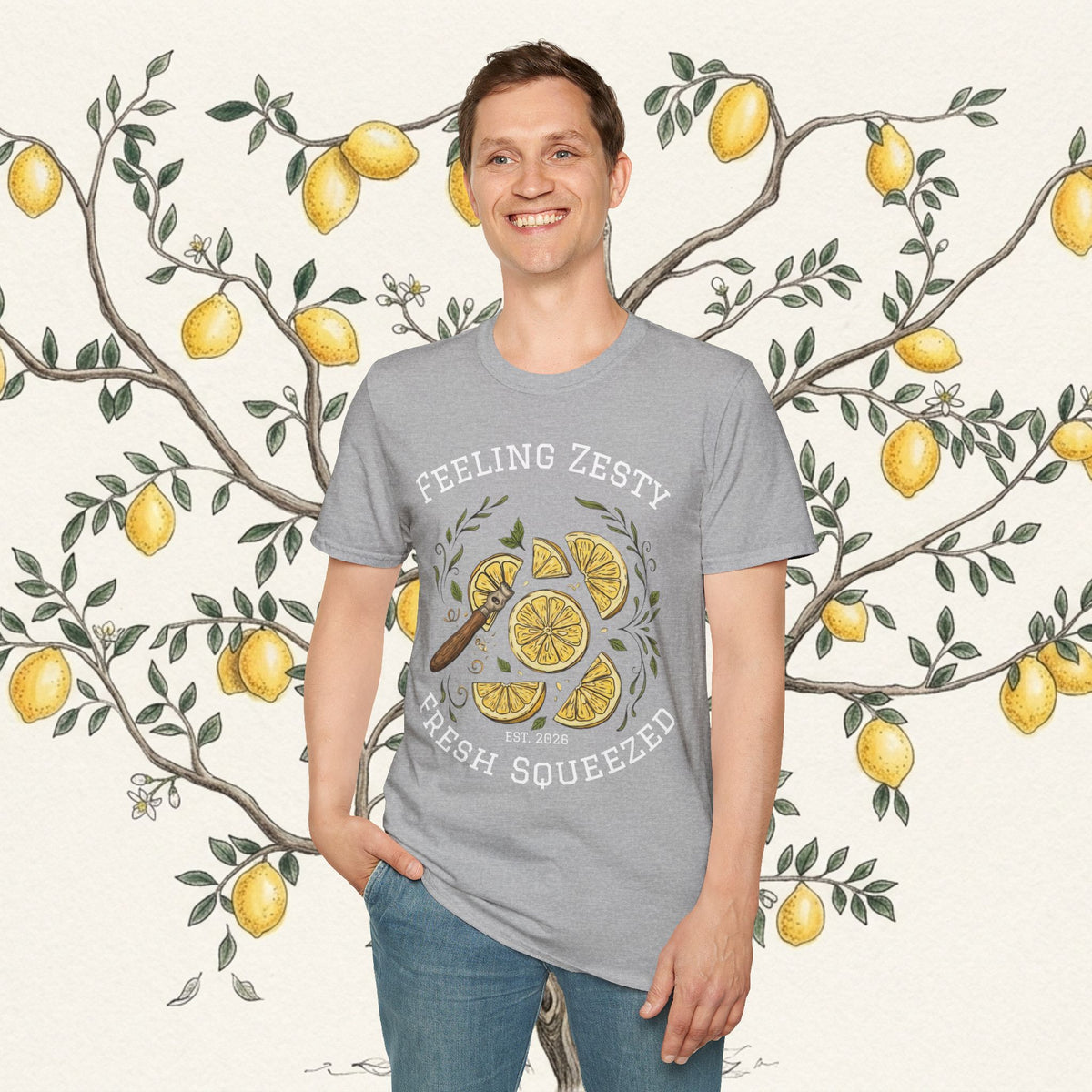 Light gray crewneck graphic tee with lemon slice tree graphic, front view