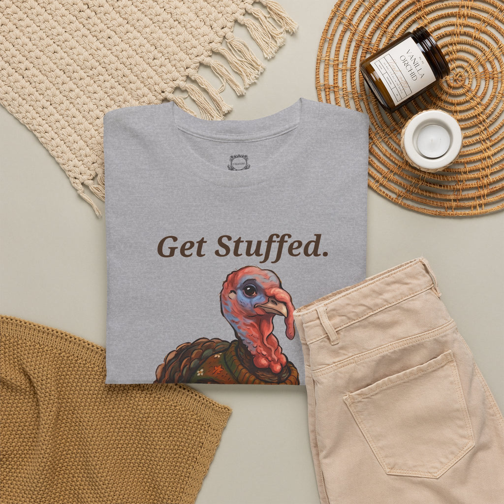 Sport grey t-shirt with 'Get Stuffed.' and cartoon turkey graphic on front