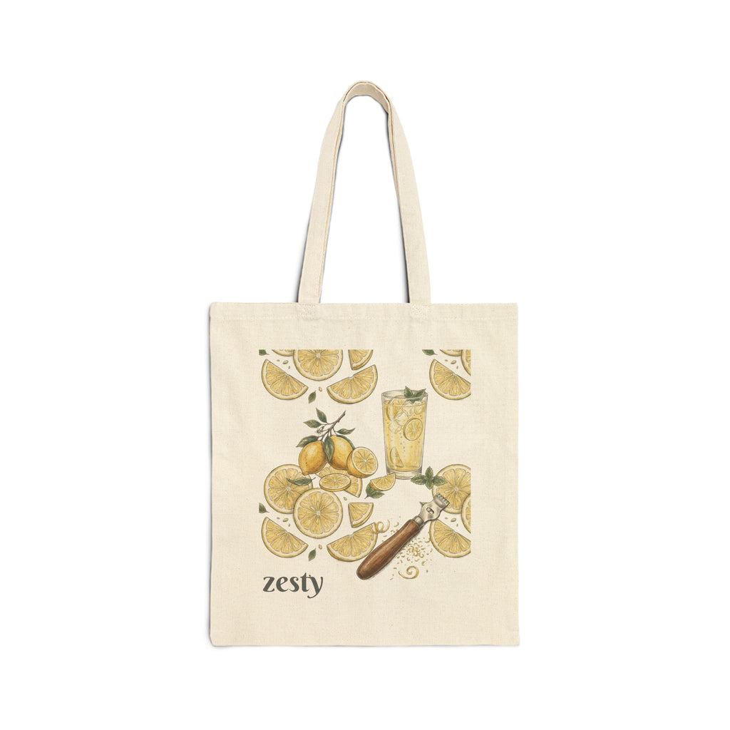 Natural canvas tote bag with zesty lemon citrus illustration front panel
