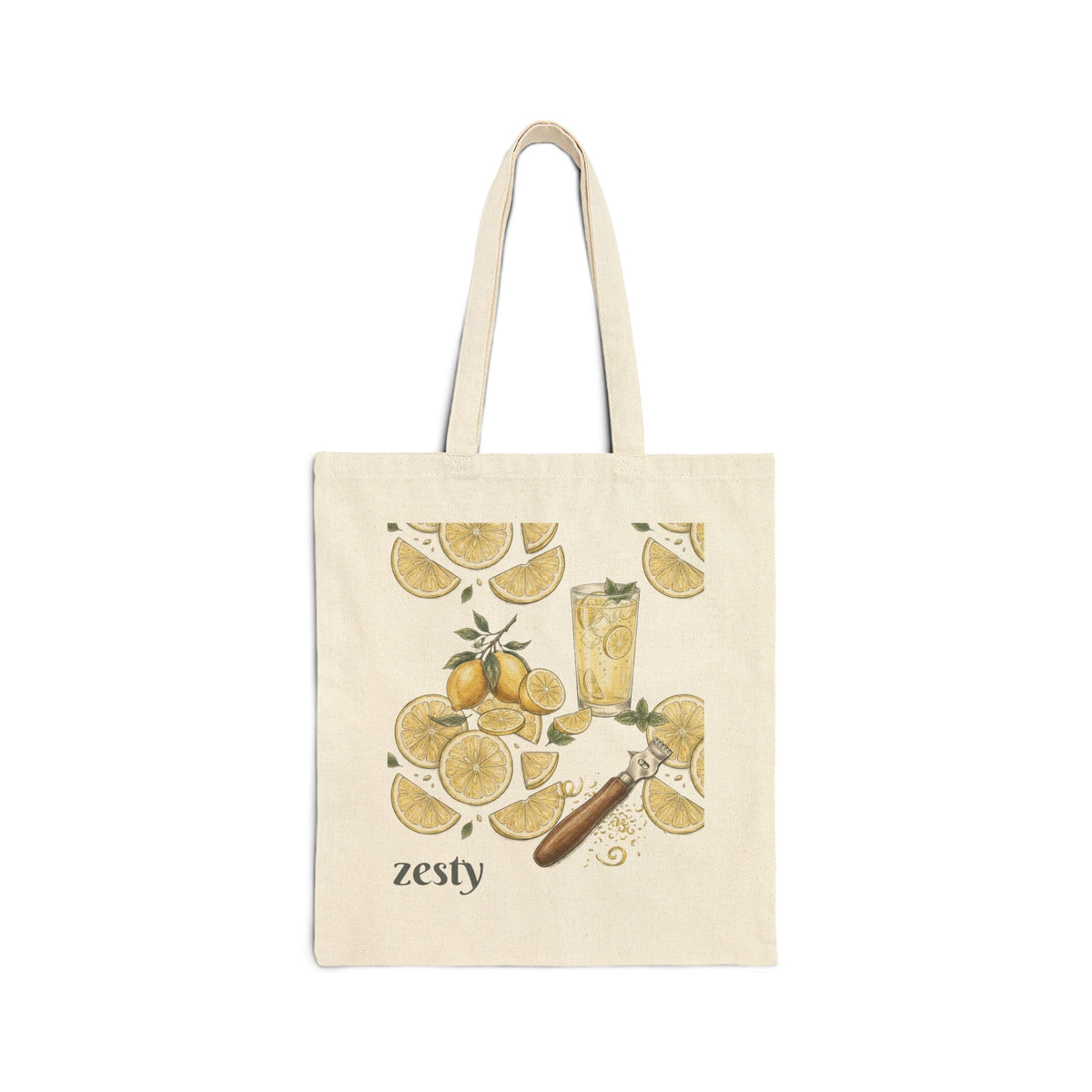 Natural canvas tote bag with zesty lemon citrus illustration front panel