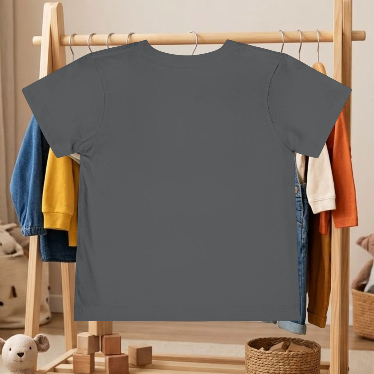 Toddler dark gray short-sleeve tee back view on hanger with small logo patch