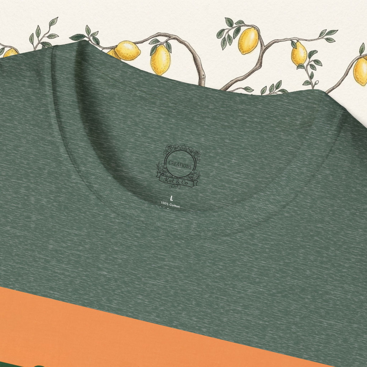 Dark green heather t-shirt close-up of crew neckline and small neck label.
