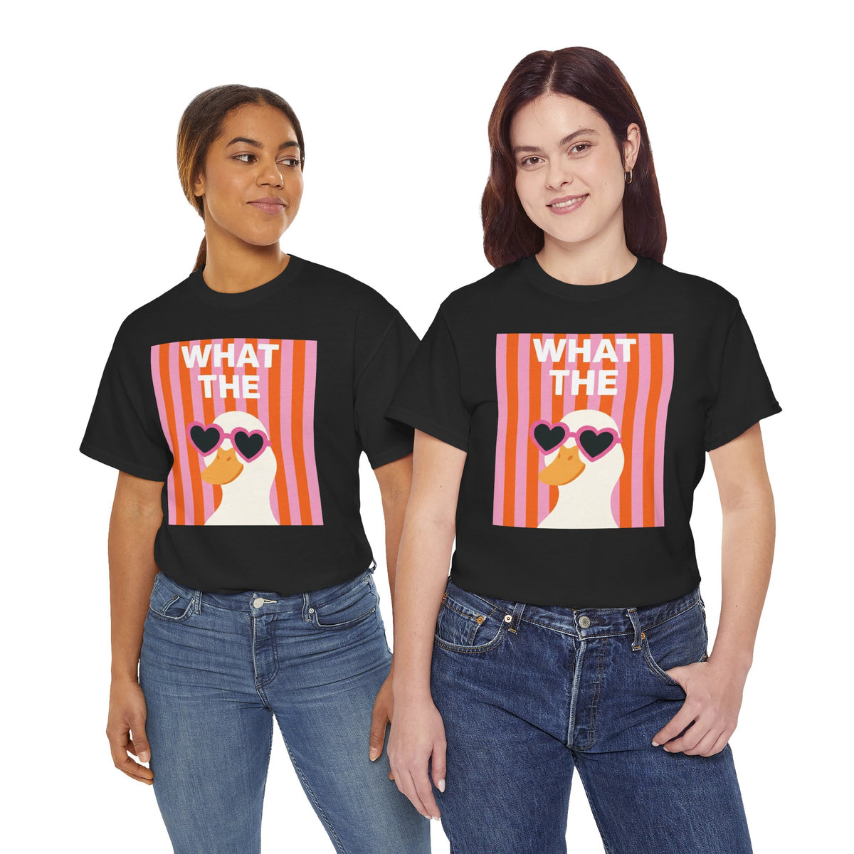 Black crewneck graphic T-shirt with “WHAT THE” text and duck with heart sunglasses