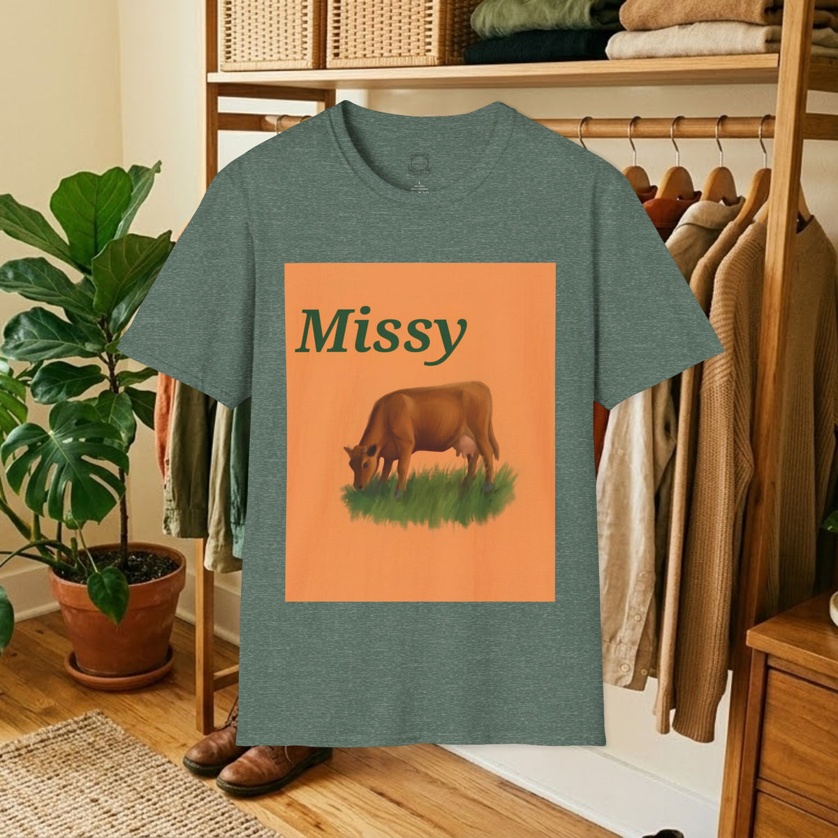 Teal crew-neck t-shirt with orange square “Missy” grazing cow graphic