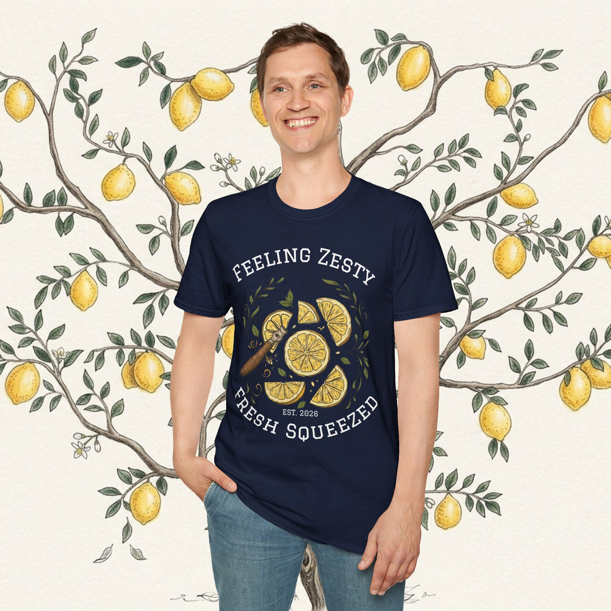 Navy citrus graphic T-shirt on standing man, “FEELING ZESTY” text visible