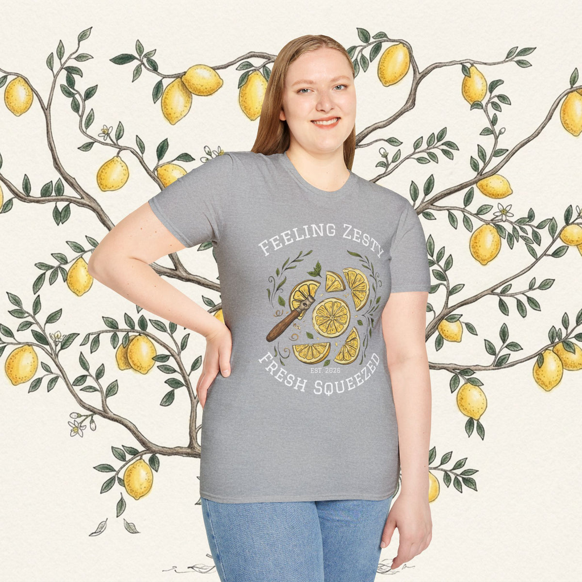 Light gray crewneck graphic tee with lemon slice and zesty slogan, front