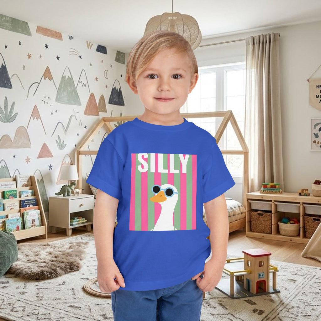 Toddler blue graphic tee with “SILLY” duck sunglasses front print