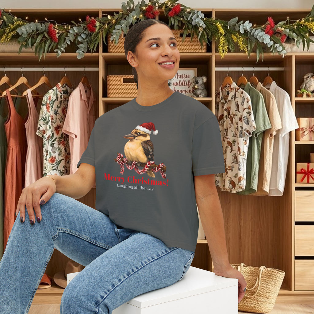 Dark gray Christmas t-shirt with kookaburra Santa-hat graphic and red 'Merry Christmas' text