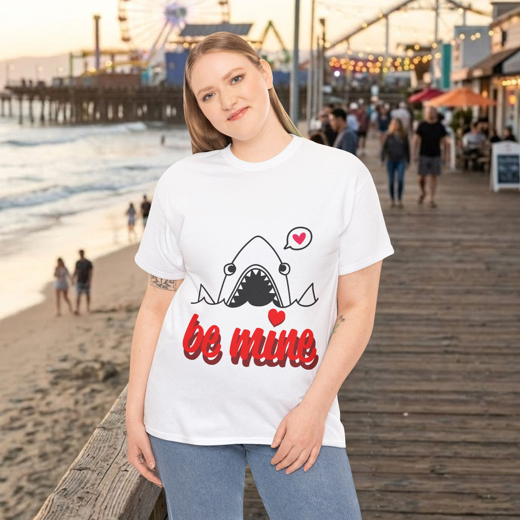 White crew-neck T-shirt featuring shark illustration and red "be mine" with hearts