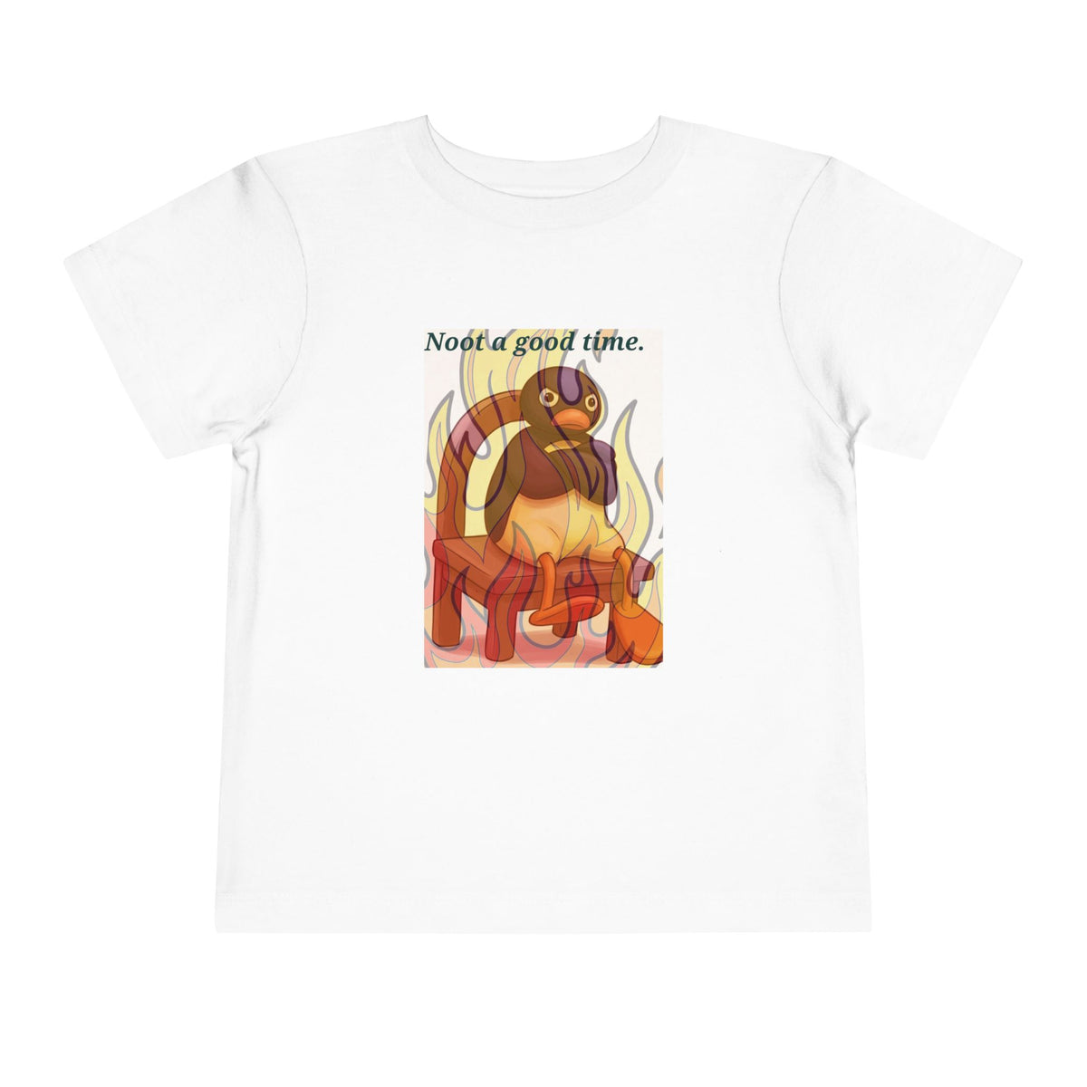 White toddler graphic tee with flaming cat and "Need a good time." text