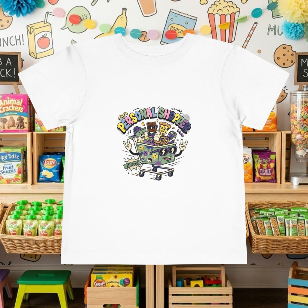 Toddler T-shirt in white with “Personal Shopper” shopping cart graphic on front