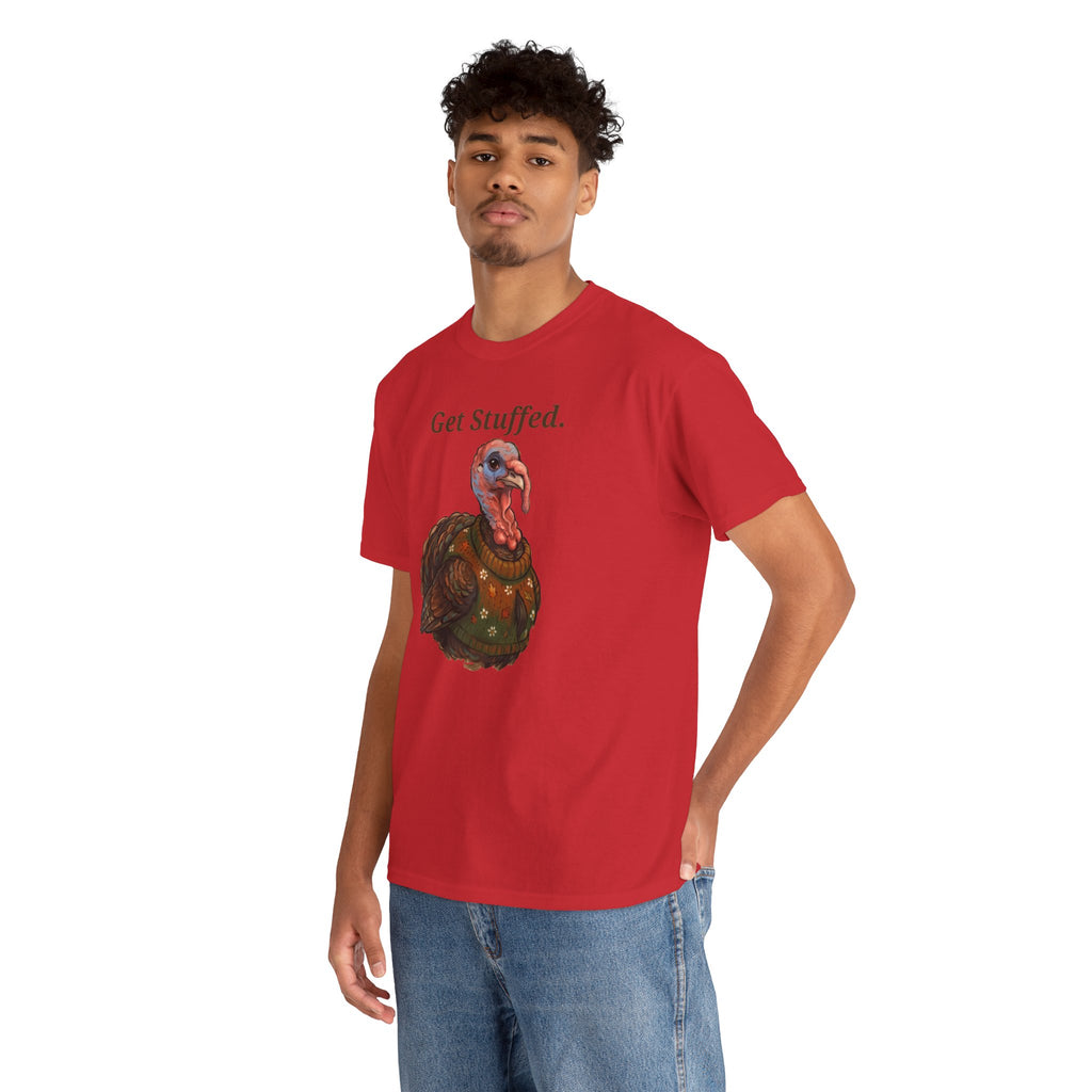Red t-shirt on model with 'Get Stuffed.' turkey graphic and short sleeves