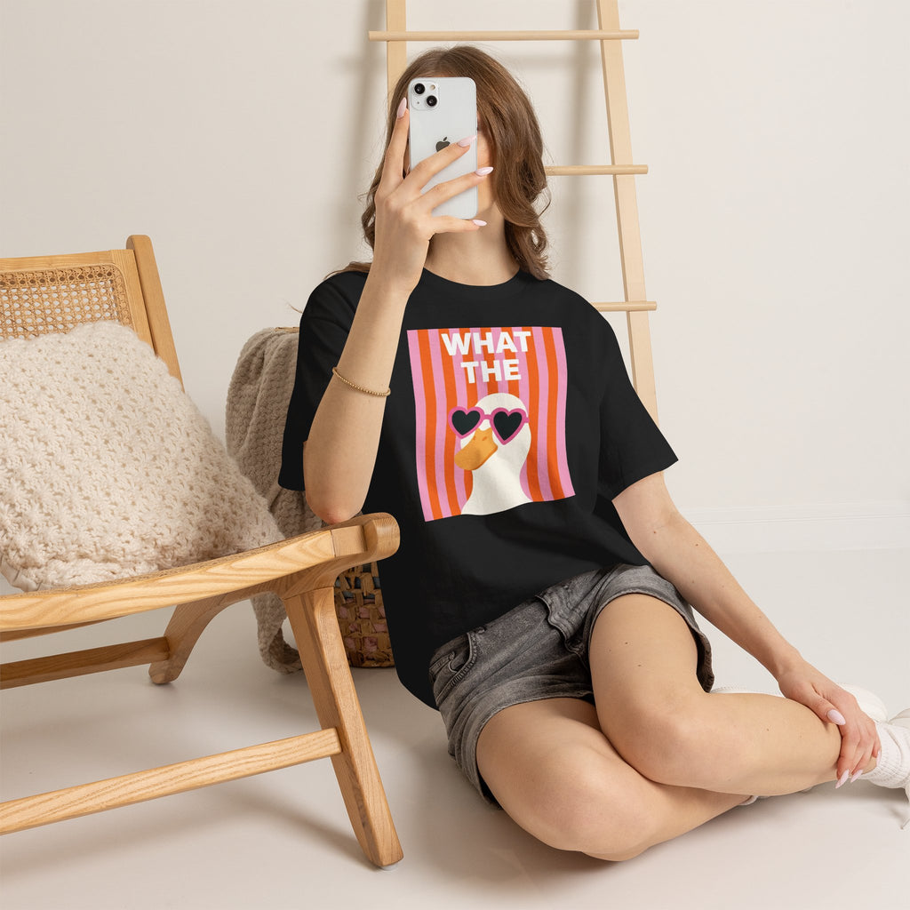 Black cotton graphic tee with retro heart sunglasses striped face front print