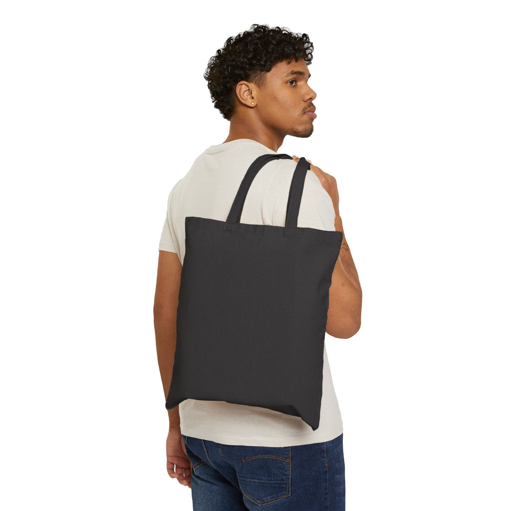 Black canvas tote bag with two top handles, plain front view
