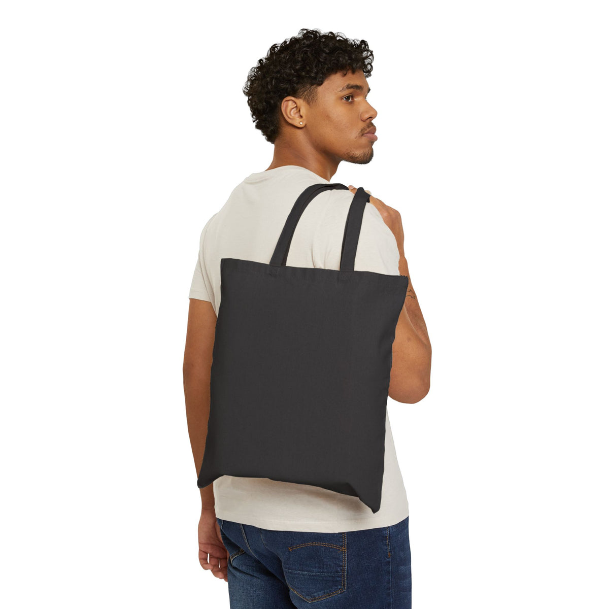 Black canvas tote bag with two top handles, plain front view