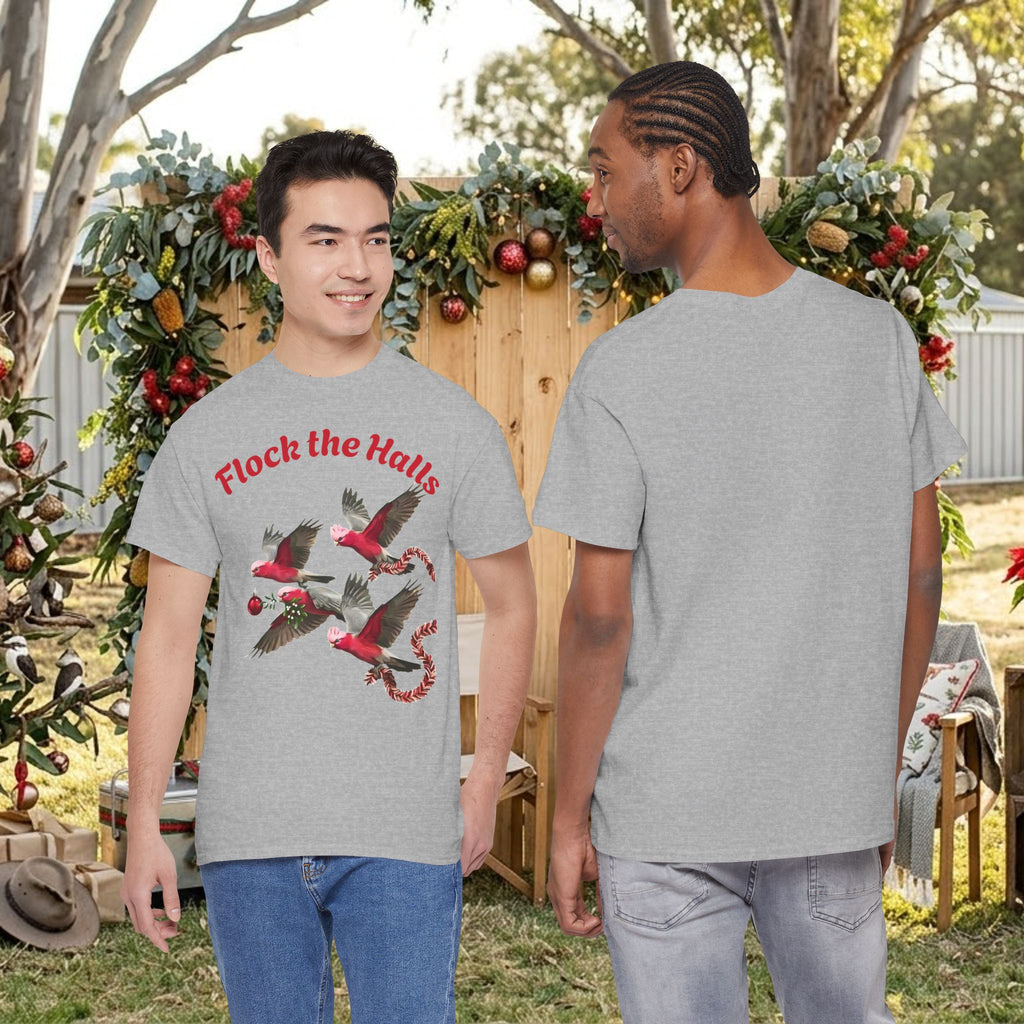 Charcoal gray crew-neck T-shirt with red “Flock the Halls” text and cardinal print