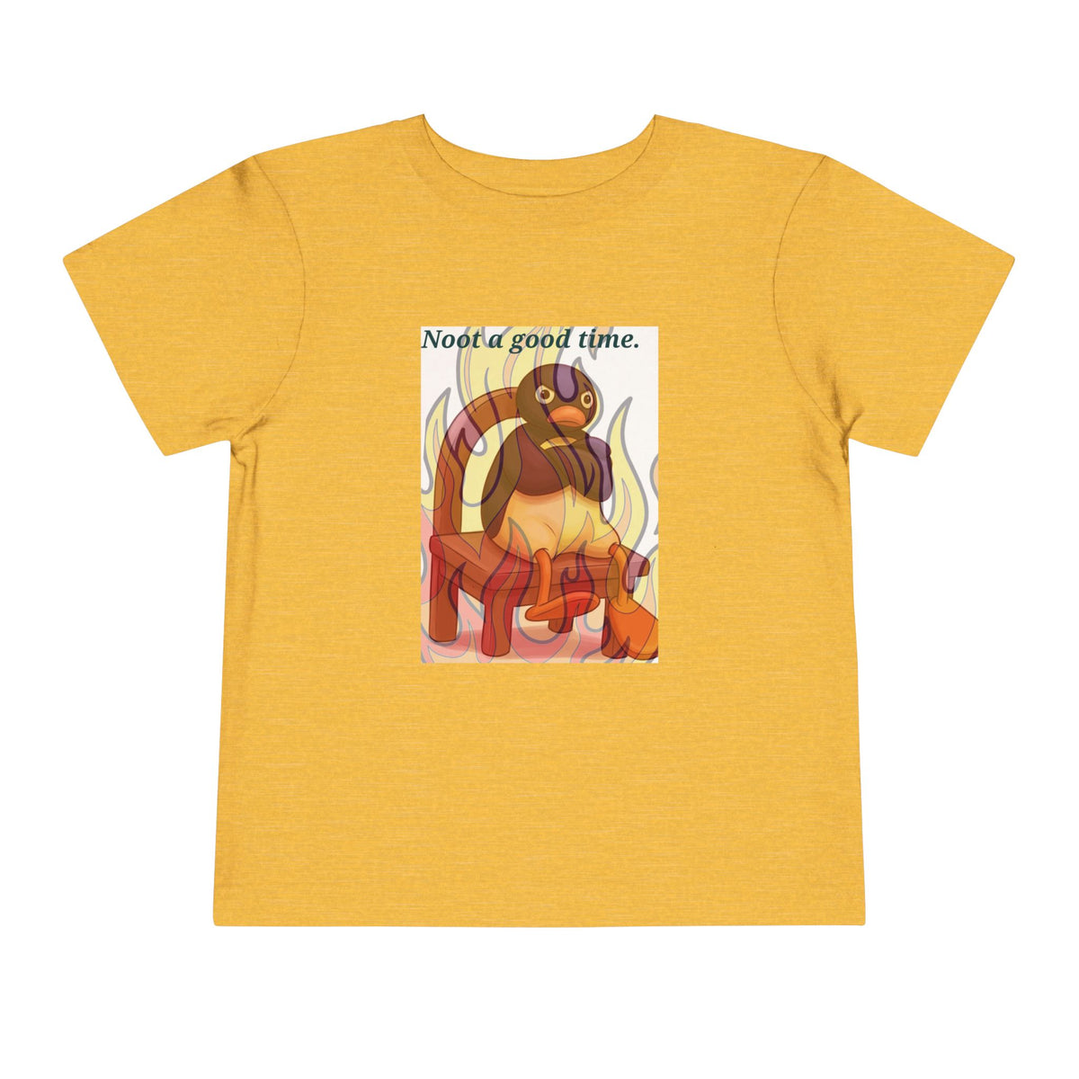 Mustard toddler graphic tee with flaming cat and "Need a good time." text
