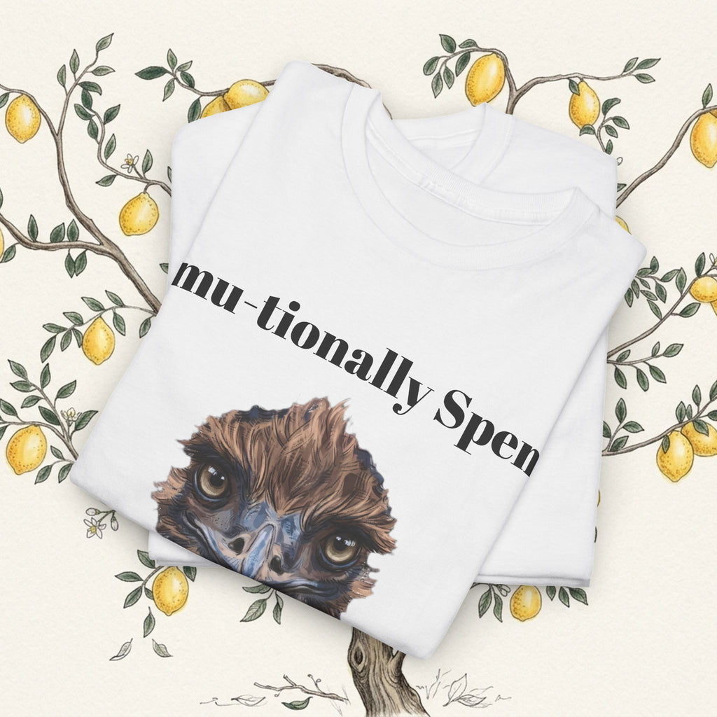 White folded emu-themed graphic t-shirt with slogan text and animal portrait