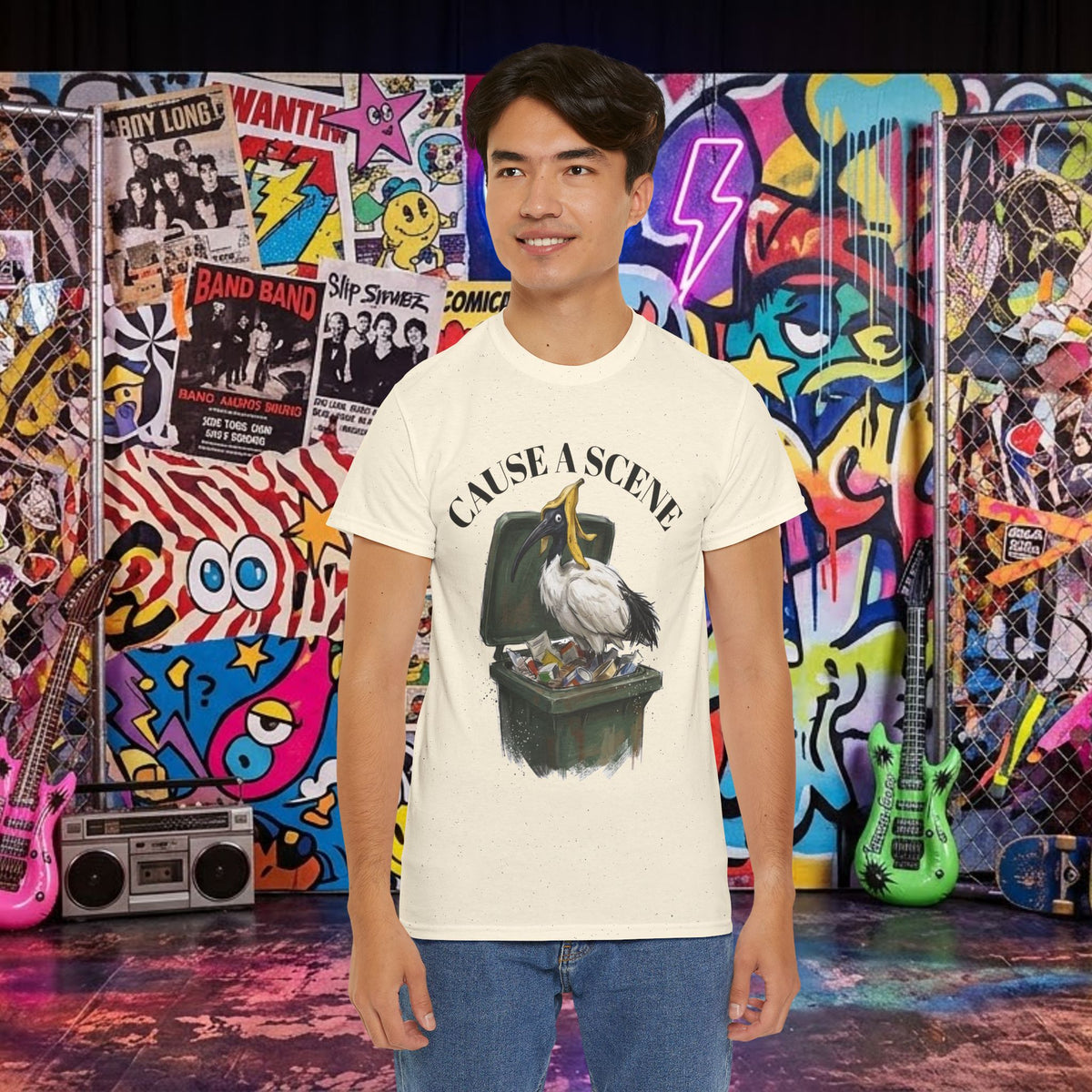 Natural/cream t-shirt with “CAUSE A SCENE” ibis in trash can front print