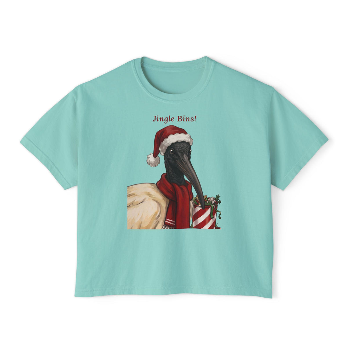 Teal T-shirt with 'Jingle Bins!' ibis in Santa hat chest graphic
