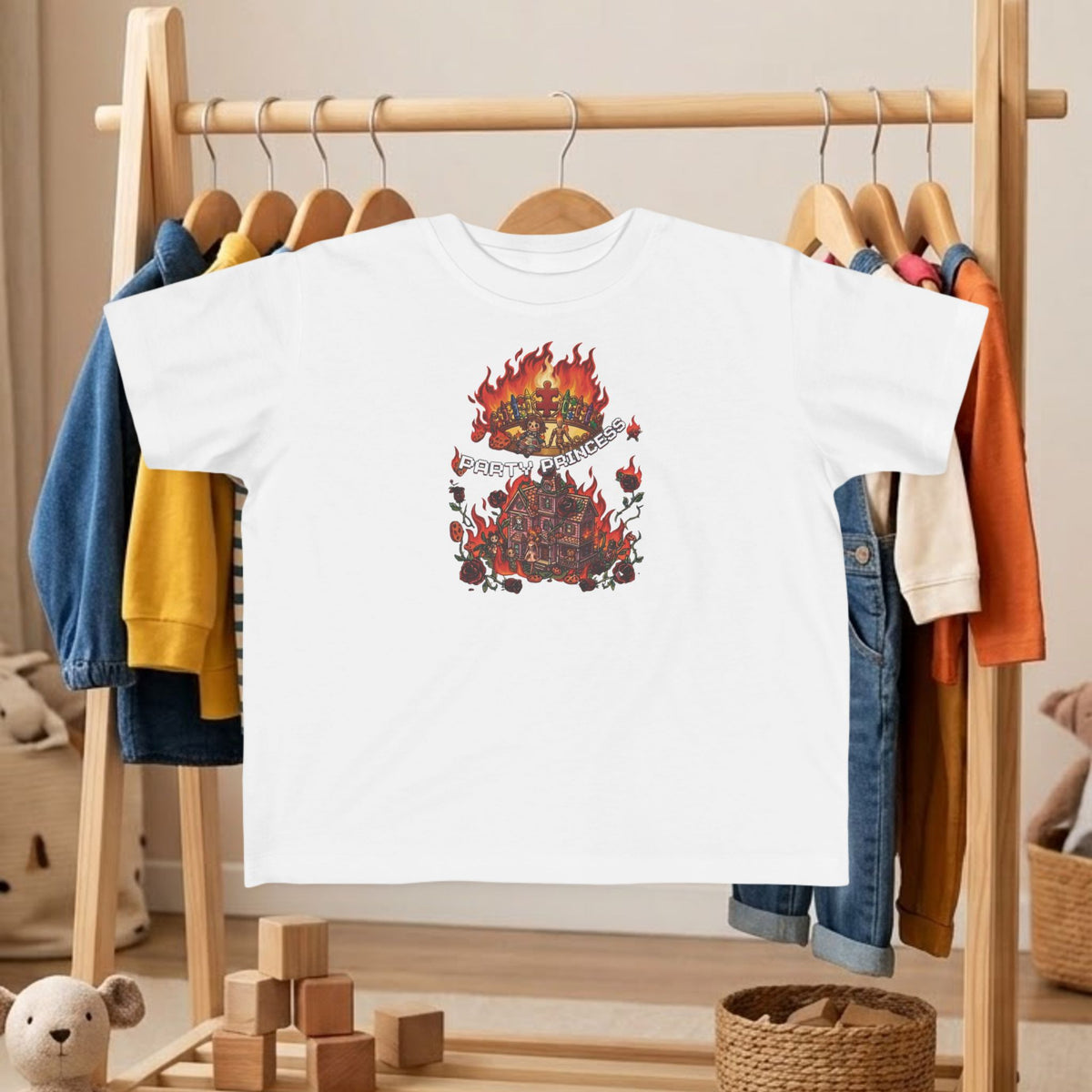 Toddler tee in white with colorful fire graphic and medieval ruins illustration