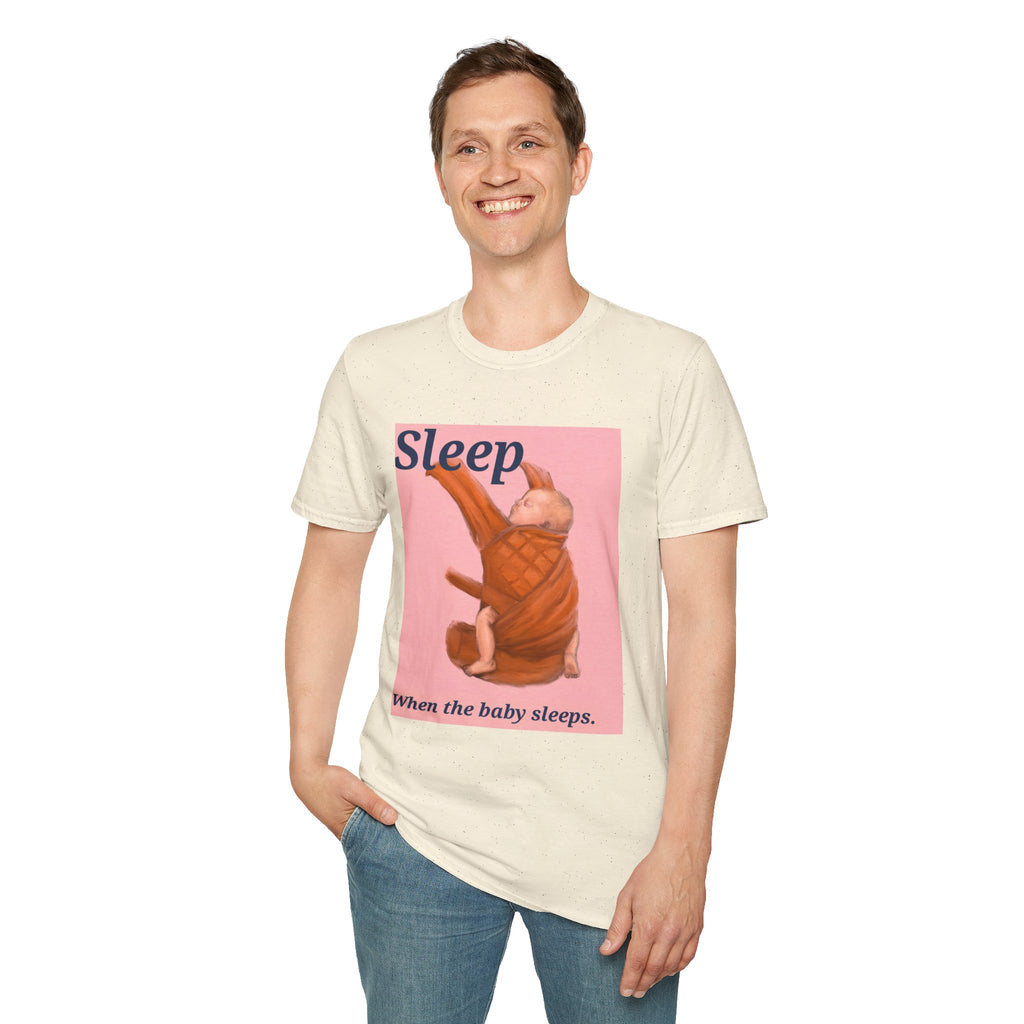 Ivory t-shirt with “Sleep” sleeping baby graphic and “When the baby sleeps.”