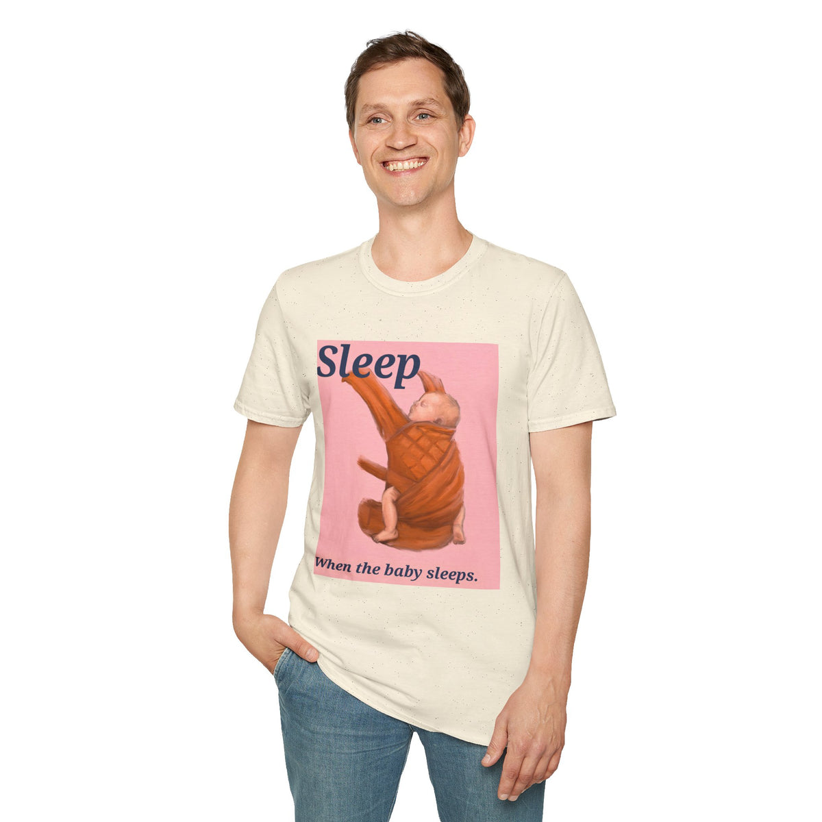 Ivory t-shirt with “Sleep” sleeping baby graphic and “When the baby sleeps.”