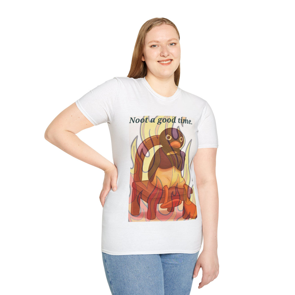 White short-sleeve tee with fiery duck graphic and 'Noot a good time' text
