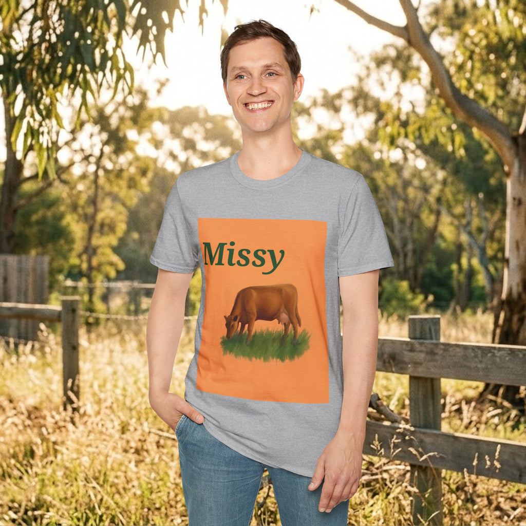 Heather grey crew-neck T-shirt with orange cow graphic and “Missy” text