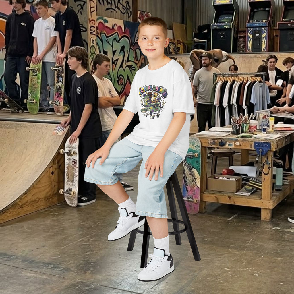 Kids white crewneck graphic tee with colorful “Personal Shopper” design, worn in skate shop