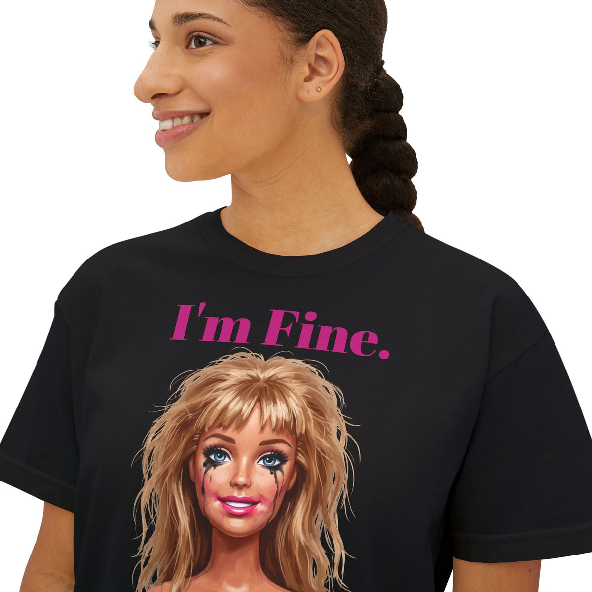 Boxy black graphic tee with “I'm Fine.” text and doll face print, crew neck.